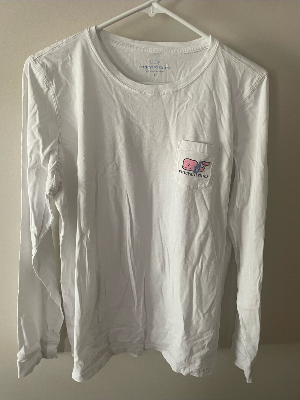Vineyard Vines White Long-Sleeve Pocket Tee with Pink Whale
